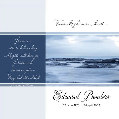 Rouwkaart blauw met lucht zee en stenen