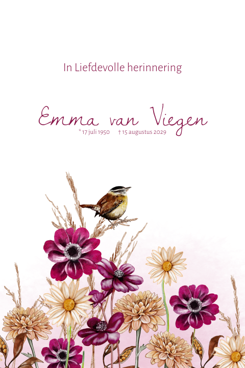 Bidprentje vrouw met herfstanemoon en vogeltje