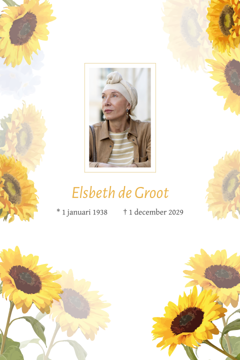 Rouwkaart met eigen foto en waterverf zonnebloemen