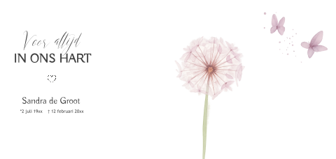 Bedankkaart na overlijden met paardenbloem en vlinders