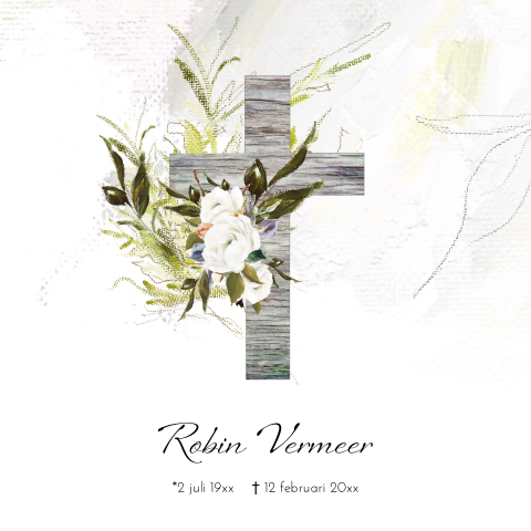 Rouwkaart olieverf bloemen en kruis