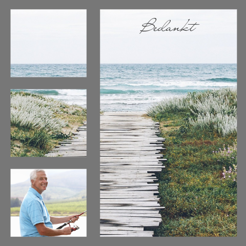 Bedankkaart man met de zee kust en groene duinen en ruimte voor een foto