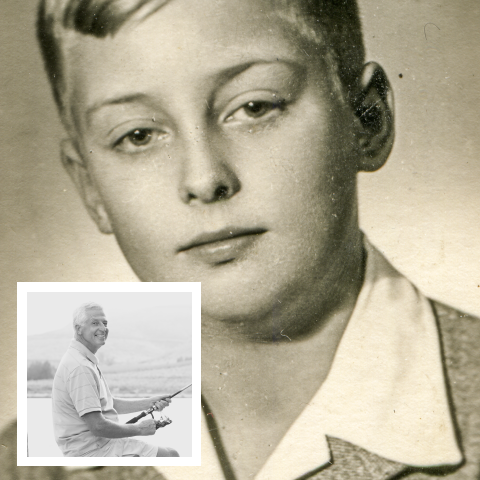 Mooie stijlvolle oude bedankkaart met foto van vroeger en nu