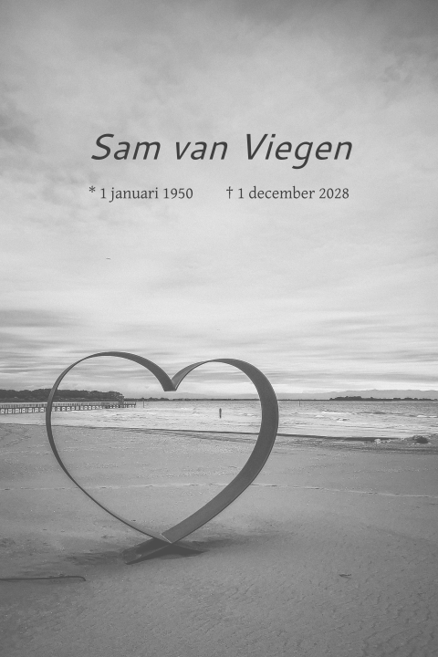 Rouwkaart zee , strand, water en hart