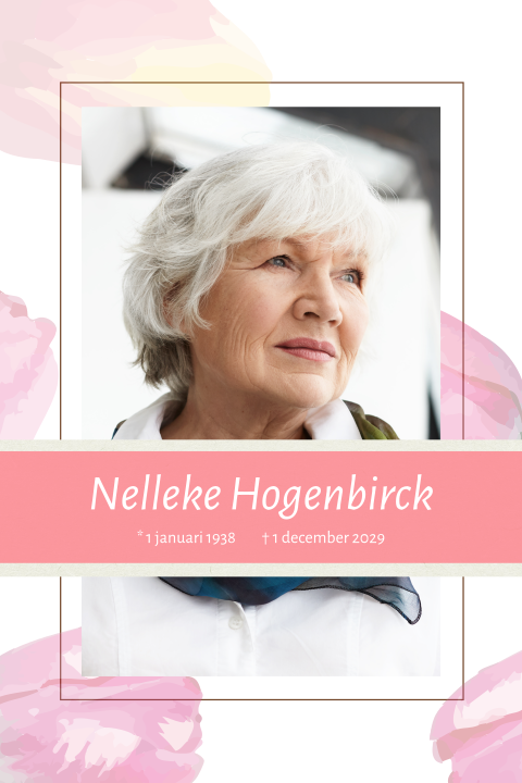 Rouwkaart met portret foto en waterverf roze tulpen