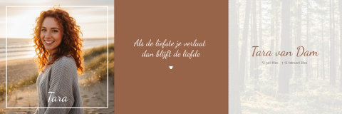 Rouwkaart drieluik vrouw bruin tinten eigen foto en bos met bomen