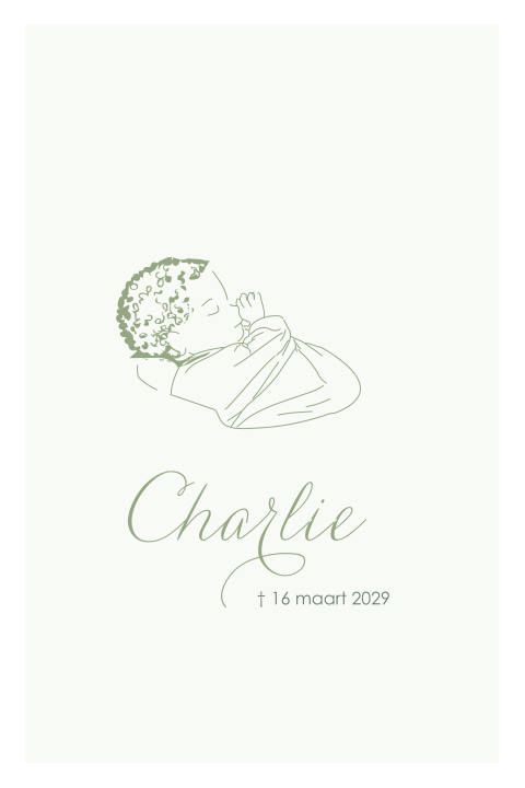 Rouwkaart jongetje met lijntekening slapende baby krulletjes 