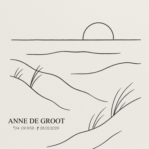 Moderne rouwkaart met een abstracte tekening van de duinen