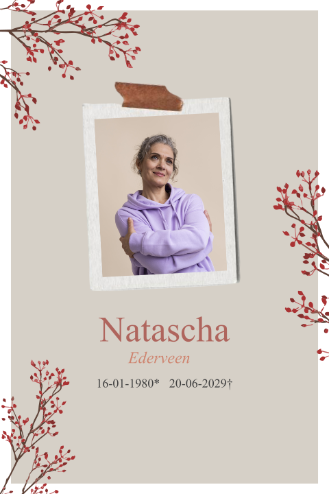 Rouwkaart met foto voor een vrouw takken met bessen