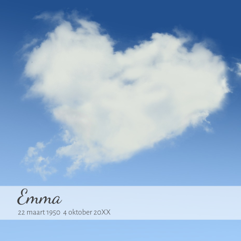 Moderne warme rouwkaart met blauwe lucht en wolk in hartvorm
