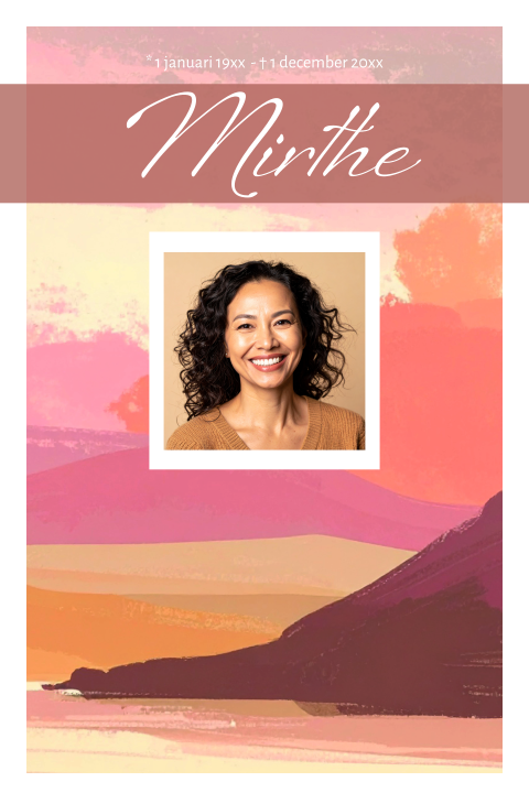 Rouwkaart vrouw modern bergen zon en foto