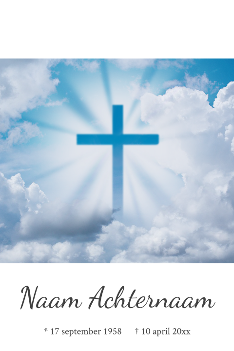 Christelijke rouwkaart met een kruis van licht in de wolken