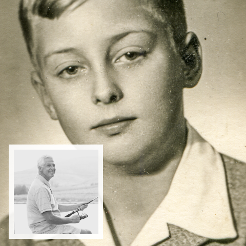 Mooie stijlvolle oude rouwkaart met foto van vroeger en nu