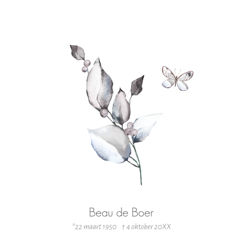 Rouwkaart met paarse tak en vlinder