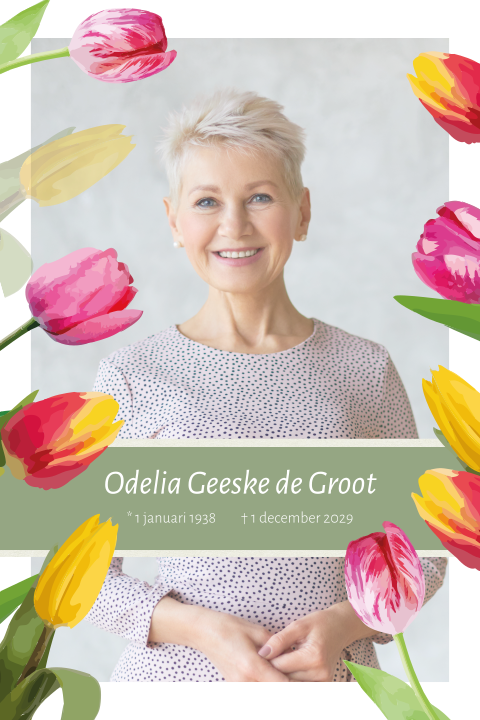 Rouwkaart met eigen foto en waterverf tulpen