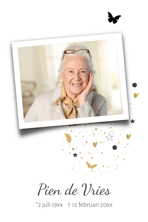 Rouwkaart voor een vrouw met foto en vlinders