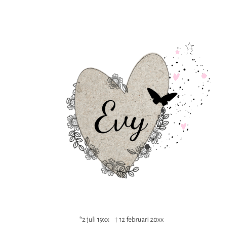 Lieve rouwkaart kind meisje met karton hart en vlinder