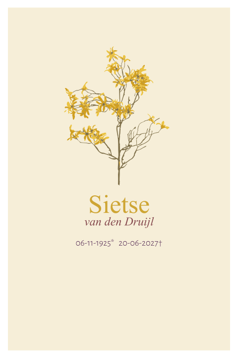 Rouwkaart met forsythia chinees klokje takken gele bloemen
