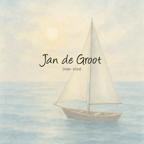 Rouwkaart met zeilboot op zee en de zon