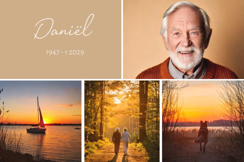 Rouwkaart man met foto collage eigen fotos en zeilboot