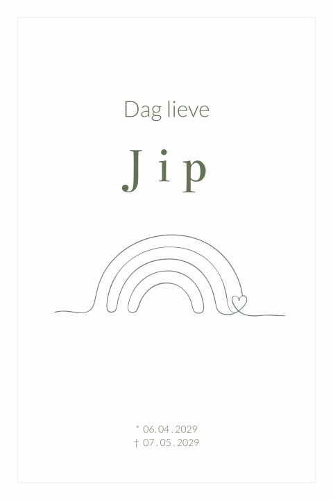 Liefdevolle rouwkaart voor een kindje met regenboog en hartje