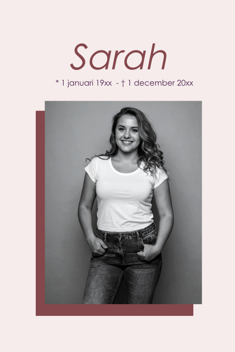Moderne rouwkaart voor een vrouw met kleurenvlak en foto