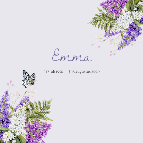 Rouwkaart met paarse seringen en vlinder
