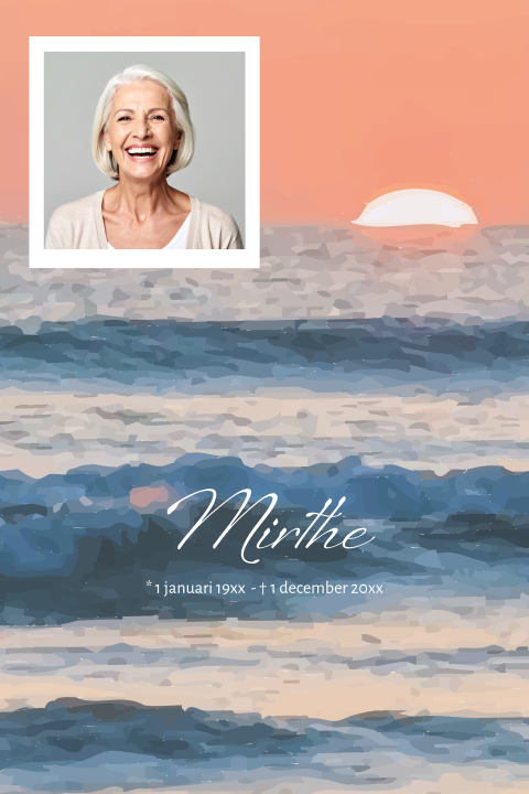 Rouwkaart vrouw met zee in aquarel zonsondergang en foto