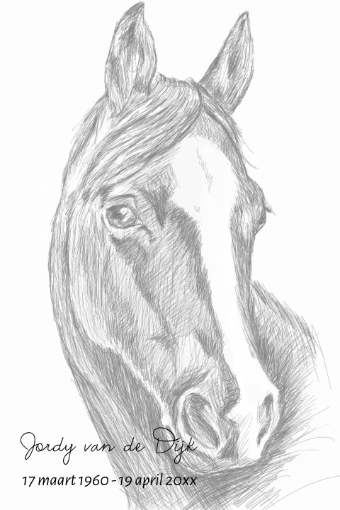 Rouwkaart met illustratie van een paardenhoofd