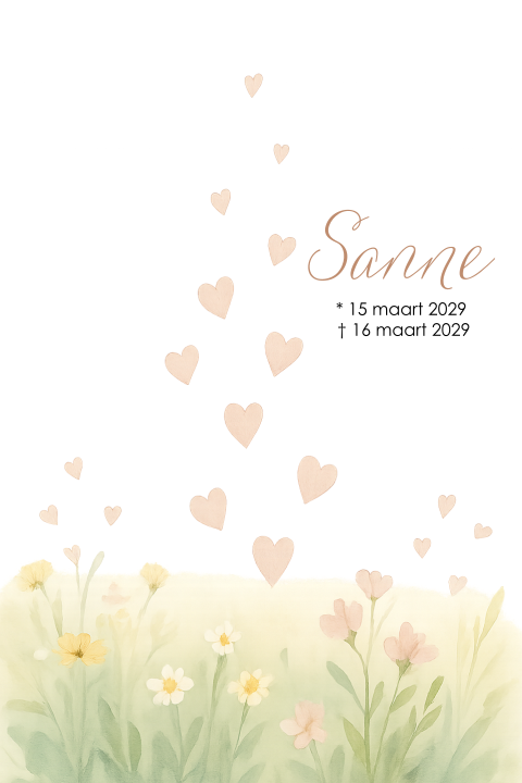 Rouwkaart voor een baby kindje meisje met hartjes en vlinder