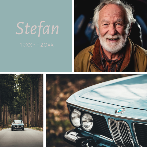 Rouwkaart collage foto van een oude auto bmw