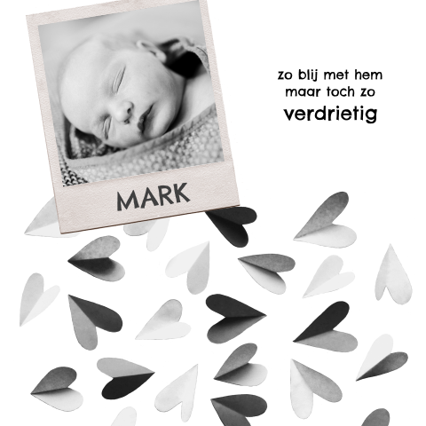 Kinderrouwkaart polaroid met foto en grijze hartjes