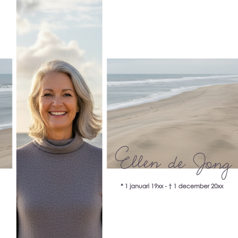 Rouwkaart voor een vrouw met zee en strand en eigen foto