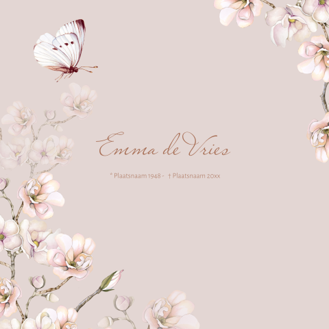 Oud roze rouwkaart met bloesem en vlinder