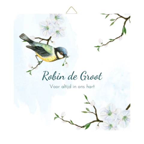 Tegel herinnering overledene met koolmeesje en bloesem