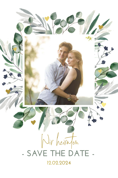 Save the Date Karte mit Eukalyptusgesteck und Herzen: "Eukalyptus"