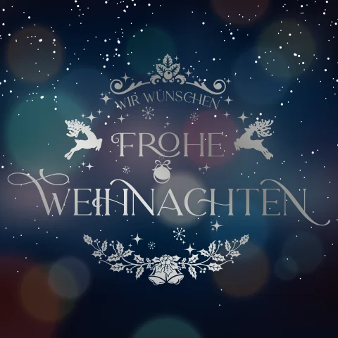 Elegante Weihnachtskarte mit blauem Hintergrund und Weihnachtswappen
