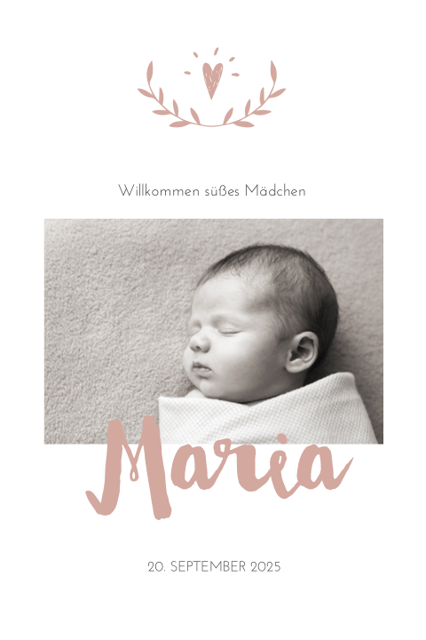 Klassische Geburtskarte mit Foto und Pflanzenzweigen