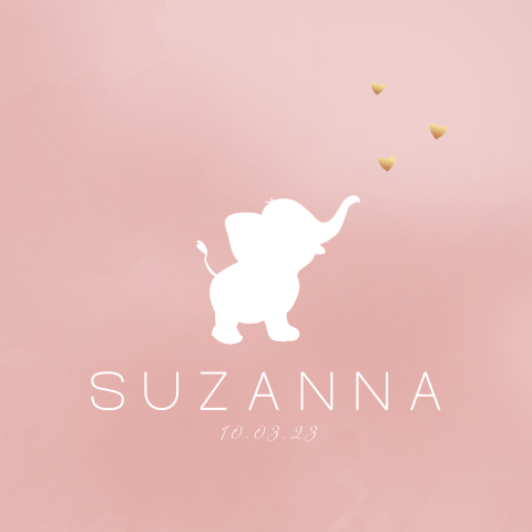 Süße Geburtskarte mit rosafarbenen Hintergrund und kleinem Elefanten