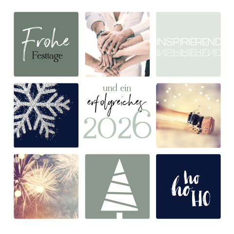 Weihnachtskarte mit verschiedenen Kacheln und Motiven