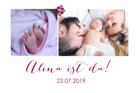 Klassische Geburtskarte mit zwei Bildern und einer Blüte