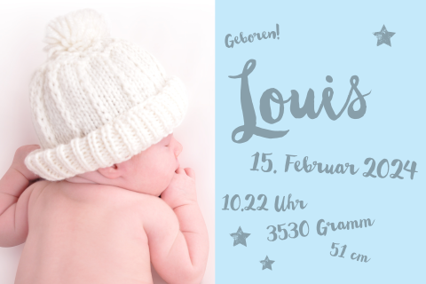 Trendige Geburtskarte mit allen wichtigen Informationen und Foto