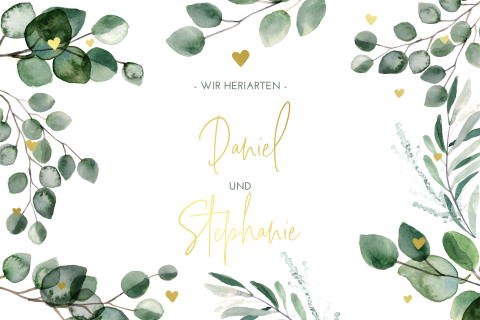 Hochzeitseinladung mit Blättern am Rand und Goldfolie: "Eukalyptus"