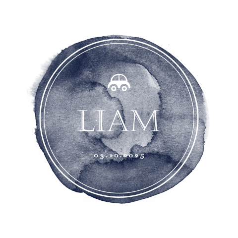 Trendige Geburtskarte mit einem blauen Aquarellkreis und Automotiv