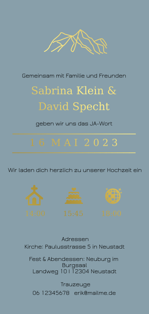 Elegante Hochzeitseinladung mit Foliendruck und Bergmotiv
