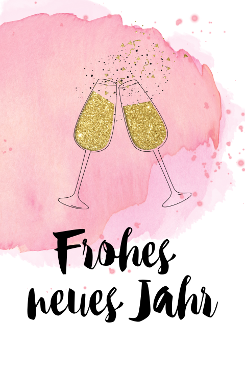 Hübsche Neujahrskarte mit rosa Pastellwolke und zwei Sektgläsern