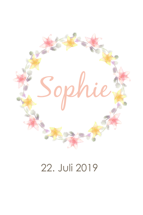 Hübsche Geburtskarte mit einem bunten Blumenkranz