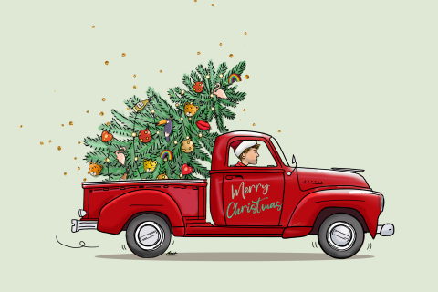 Hübsche Weihnachtskarte mit einem Pick-Up mit Weihnachtsbaum