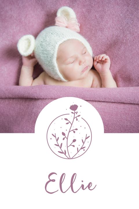 Geburtskarte mit fliederfarbener Blume und Foto