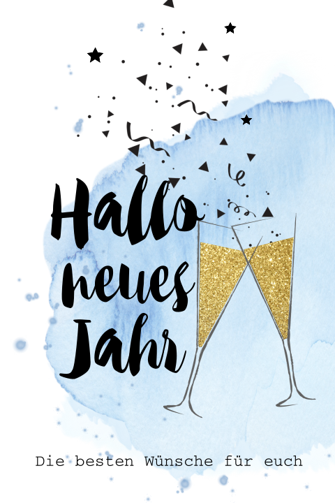 Hübsche Neujahrskarte mit blauem Pastellhintergrund und Sektgläsern